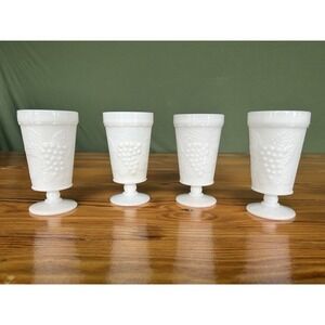 4-PC Stemmed Grapes & Vines‎ Milk Glass Footed Goblet Cups Elegant Dining